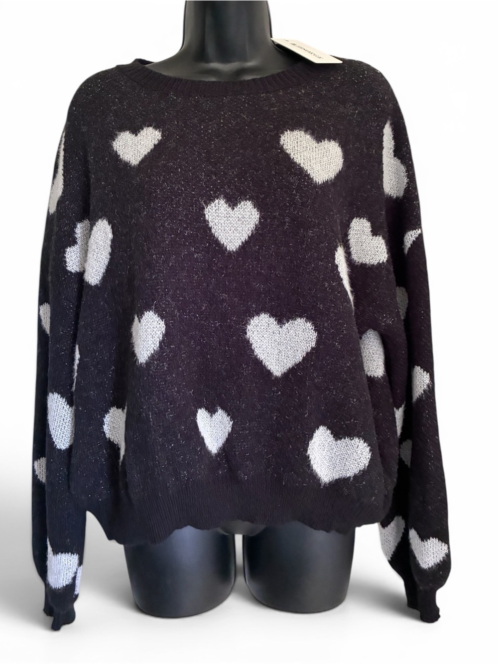 Black Silver Heart Pattern Valentines Day Sweater - Cozy Crewneck Sz L
